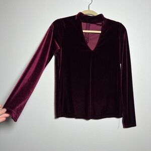 Harlowe & Graham Red Velvet Long Sleeve Blouse with Mandarin Collar